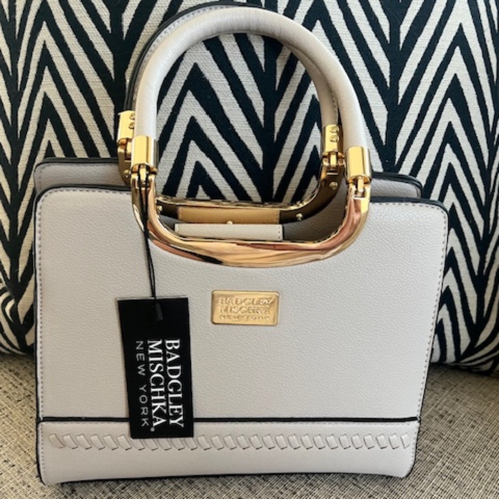 NWT Badgley Mischa Cream Faux Leather Double Handle Satchel Bag OS Career